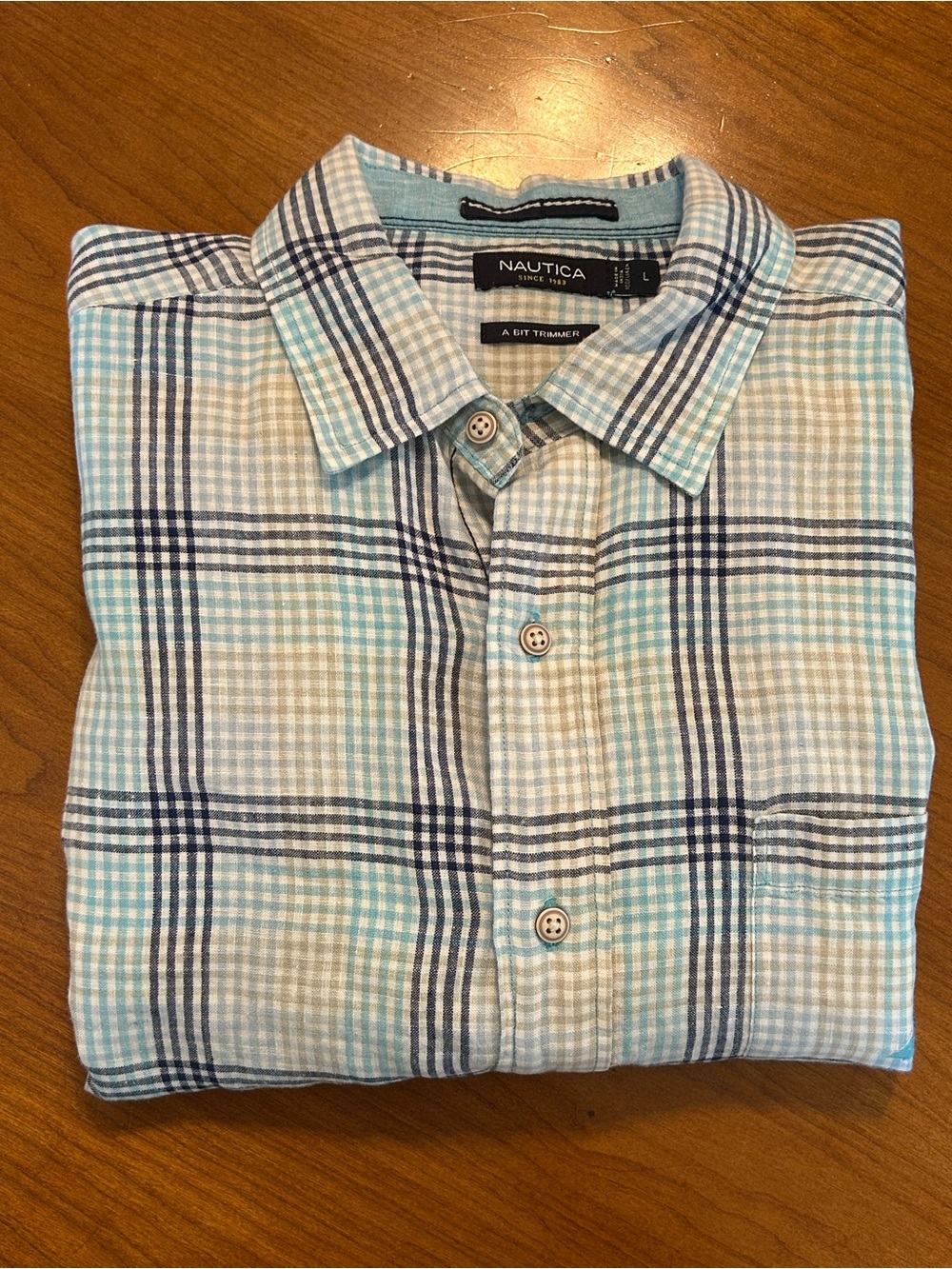 Nautica Men's Size Large 100% Linen Shirt Blue Gray Plaid "A Bit Trimmer" Fit